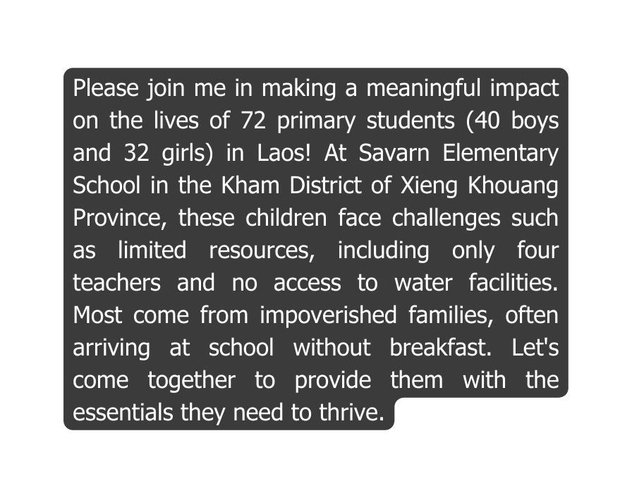 Please join me in making a meaningful impact on the lives of 72 primary students 40 boys and 32 girls in Laos At Savarn Elementary School in the Kham District of Xieng Khouang Province these children face challenges such as limited resources including only four teachers and no access to water facilities Most come from impoverished families often arriving at school without breakfast Let s come together to provide them with the essentials they need to thrive